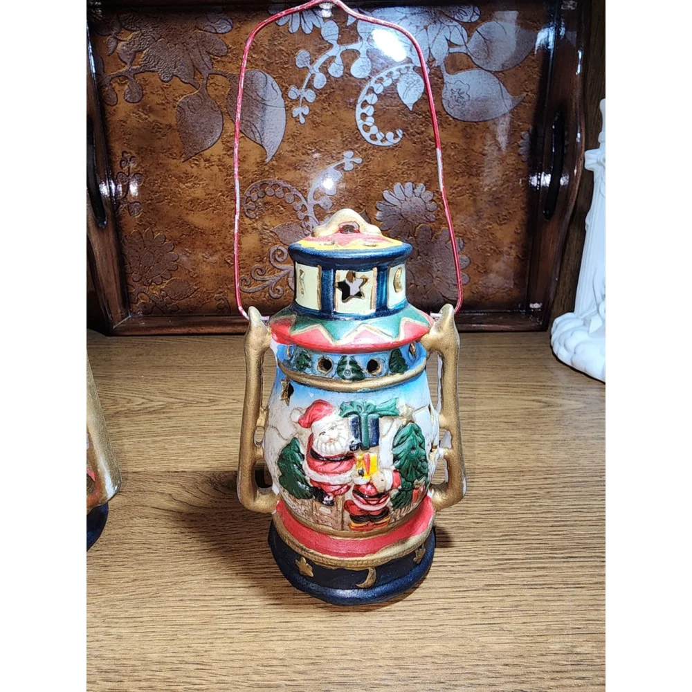 Christmas Ceramic Lantern Tealight Candle Holder Set Santa Claus & Mouse Holiday